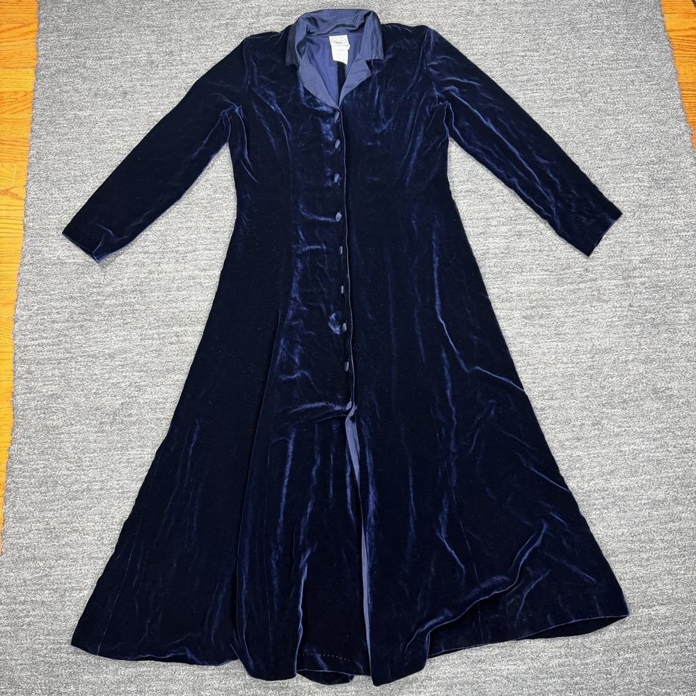 Laura Ashley Dress Women 12 Blue Silk Blend Velvet Button Down Maxi Victorian